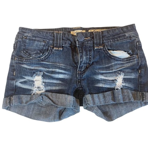 Indigo Rein Womens Boyfriend Shorts Roll Cuffed Hem Distressed Blue Size 1 - Picture 1 of 8